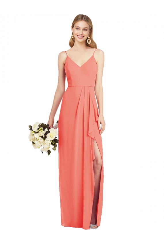 Discount Spaghetti Strap Draped Skirt Chiffon Bridesmaid Dress with Front Slit UK
