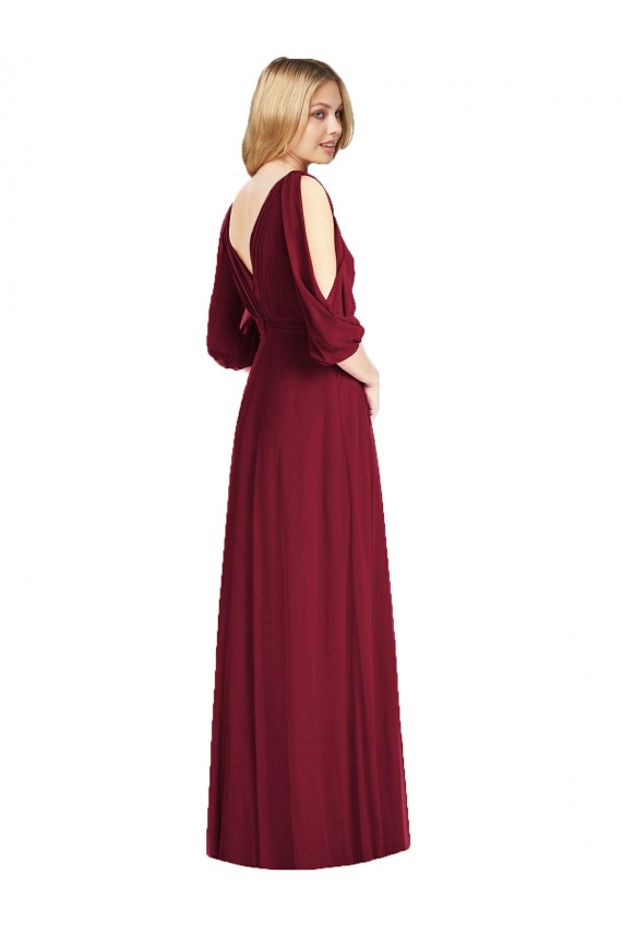 Discount Draped V-Neck Bell Sleeves V-Back Chiffon Bridesmaid Dress UK