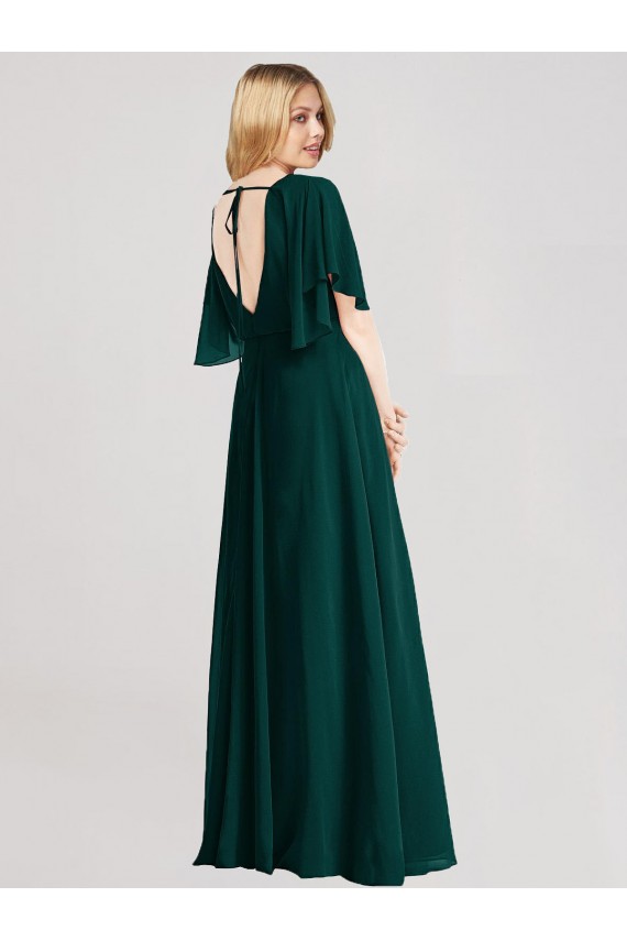 Discount Full-Length Flutter Sleeves Plunging V Back Chiffon Bridesmaid Dress UK