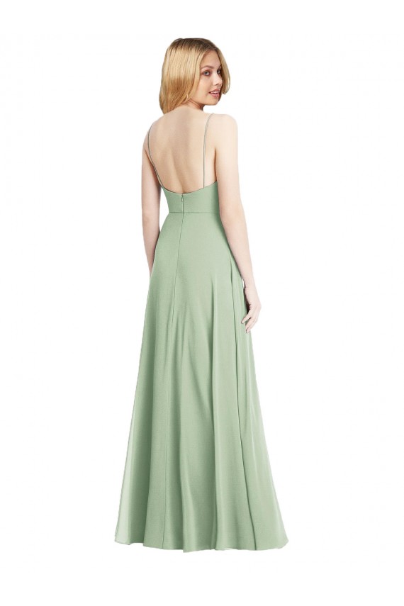 Discount Sleek Spaghetti Straps Low Back Square Neck Maxi Formal Chiffon Bridesmaid Dress UK
