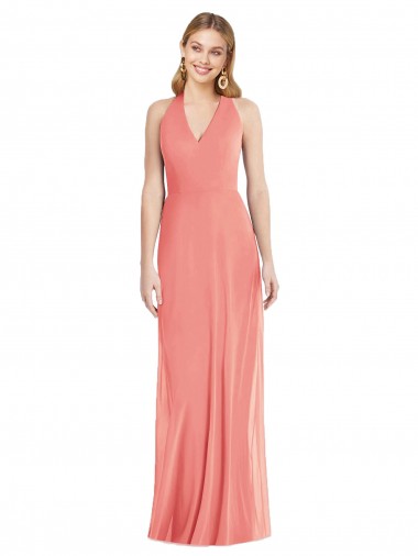 Discount V-Neck Halter Chiffon Maxi Formal Bridesmaid Dress Open Back UK
