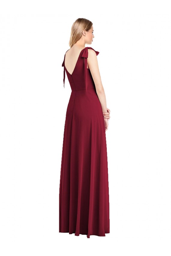 Discount Full Length Bow-Shoulder V-Back Chiffon Bridesmaid Dress with Front Slit UK