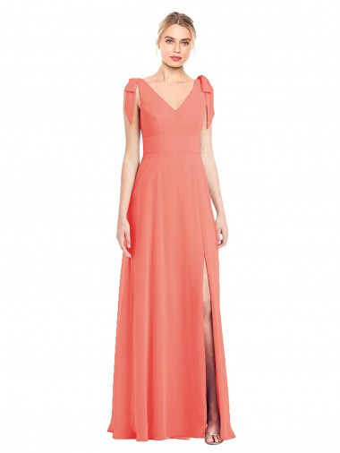 Discount Full Length Bow-Shoulder V-Back Chiffon Bridesmaid Dress with Front Slit UK