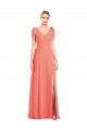 Discount Full Length Bow-Shoulder V-Back Chiffon Bridesmaid Dress with Front Slit UK