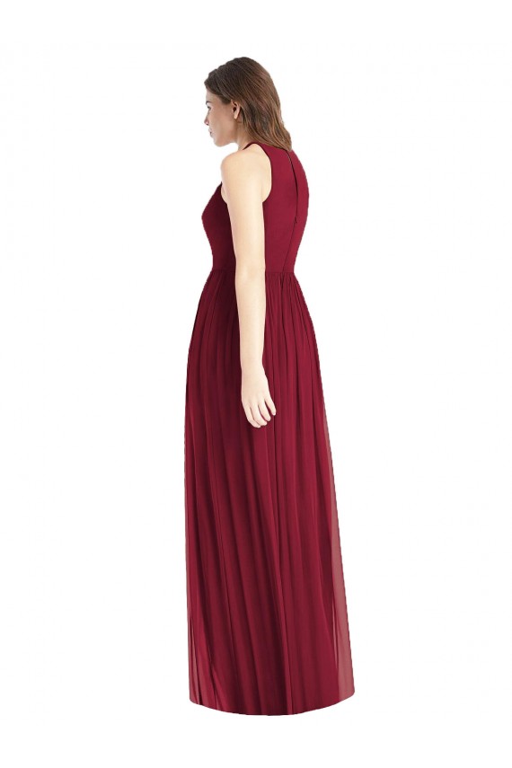 Discount Shirred Skirt Jewel Neck Halter Chiffon Bridesmaid Dress with Front Slit UK