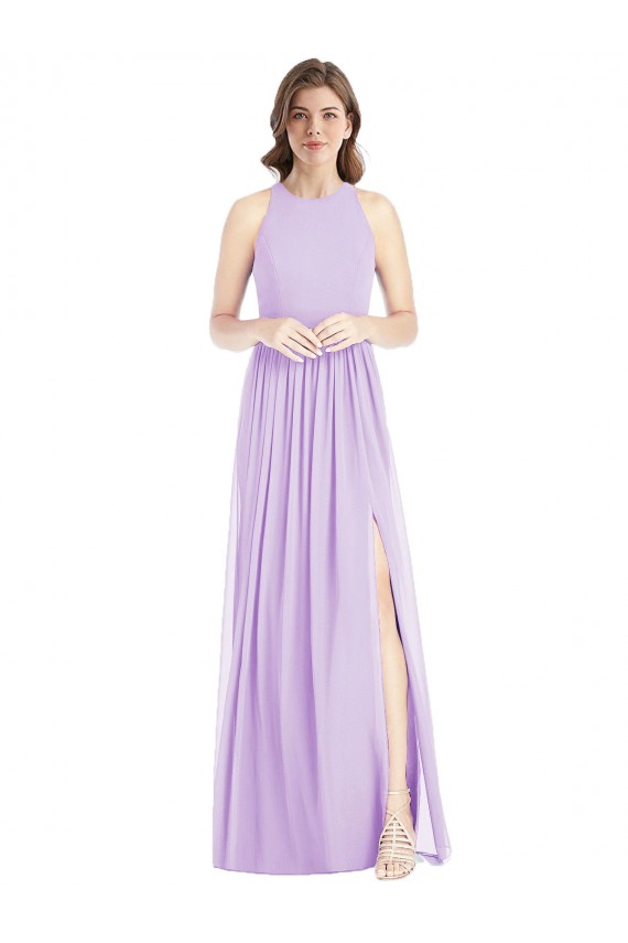Discount Shirred Skirt Jewel Neck Halter Chiffon Bridesmaid Dress with Front Slit UK