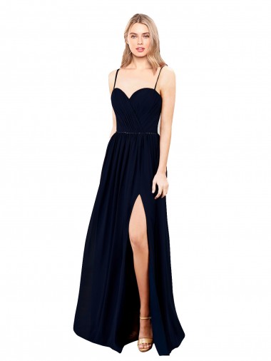 Discount Draped A-Line Chiffon Formal Bridesmaid Dress with Spaghetti Straps and High Slit UK