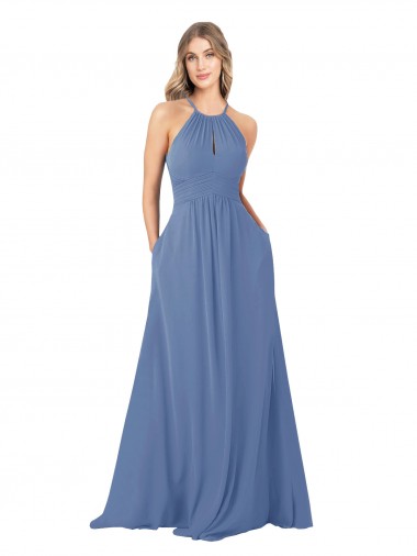 Discount Draped High Neck Keyhole Back Bridesmaid Dress with Front Slit UK