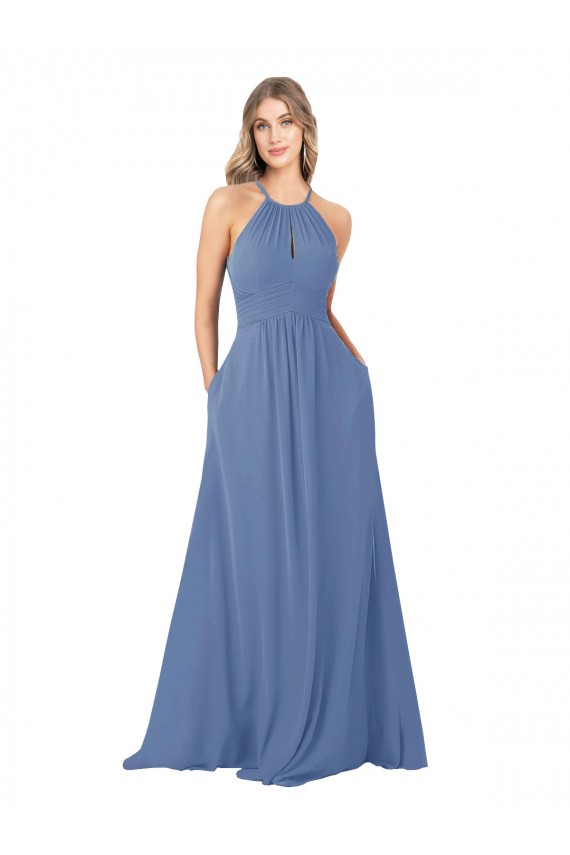 Discount Draped High Neck Keyhole Back Bridesmaid Dress with Front Slit UK