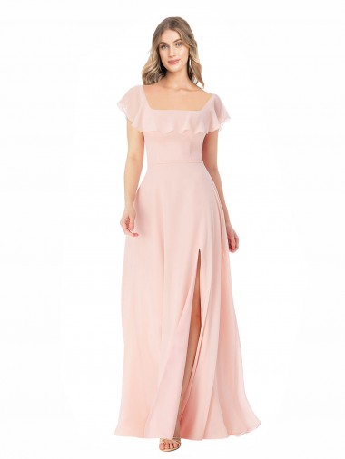 Discount Flutter Cap Sleeves Square Neck Ruffle Chiffon Bridesmaid Dress UK