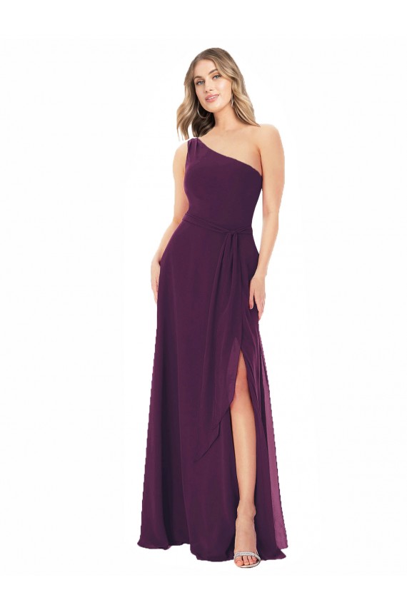Discount One Shoulder Chiffon Bridesmaid Dress with Tie Belt UK