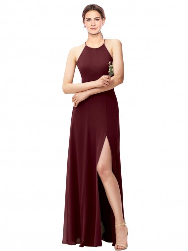 Discount Slim Long High Halter Neck Chiffon Bridesmaid Dress with High Side Slit UK