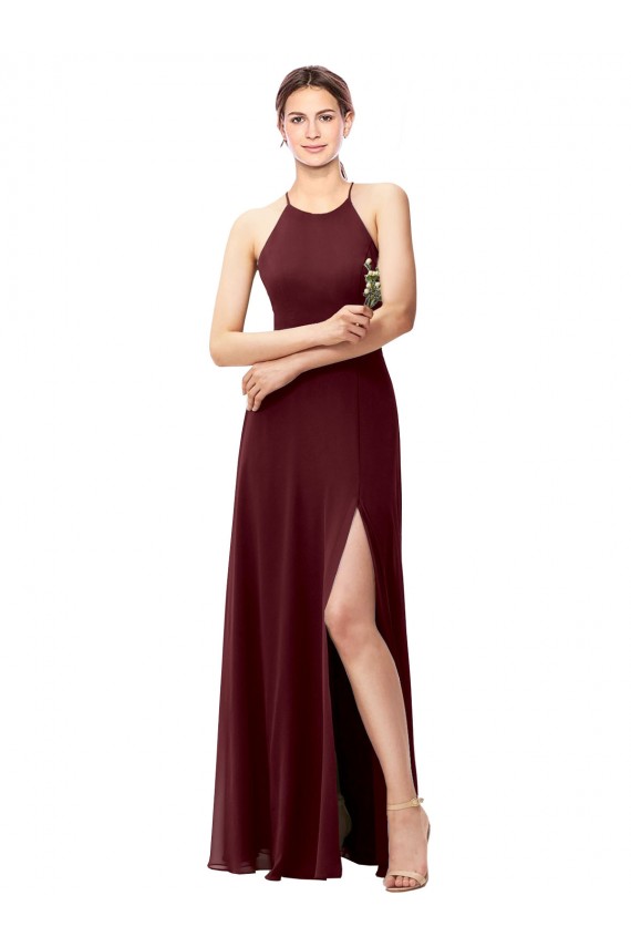 Discount Slim Long High Halter Neck Chiffon Bridesmaid Dress with High Side Slit UK