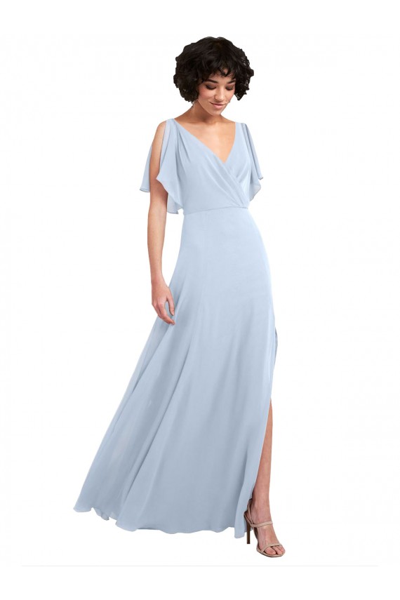 Discount Split Flutter Sleeves V-Neck Chiffon Bridesmaid Dress with Open V-Back UK