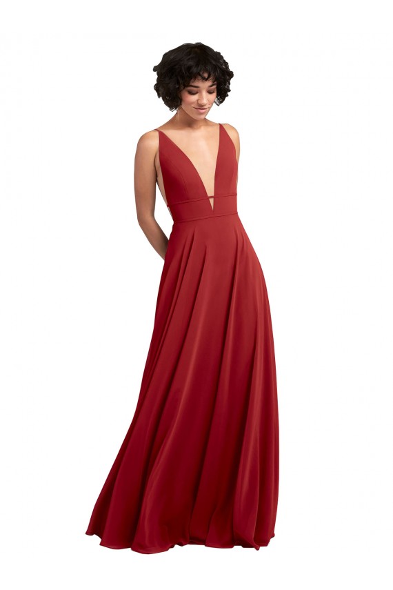 Discount Fitted Plunging Deep V-Neck Long Chiffon Bridesmaid Dress with V-Back UK