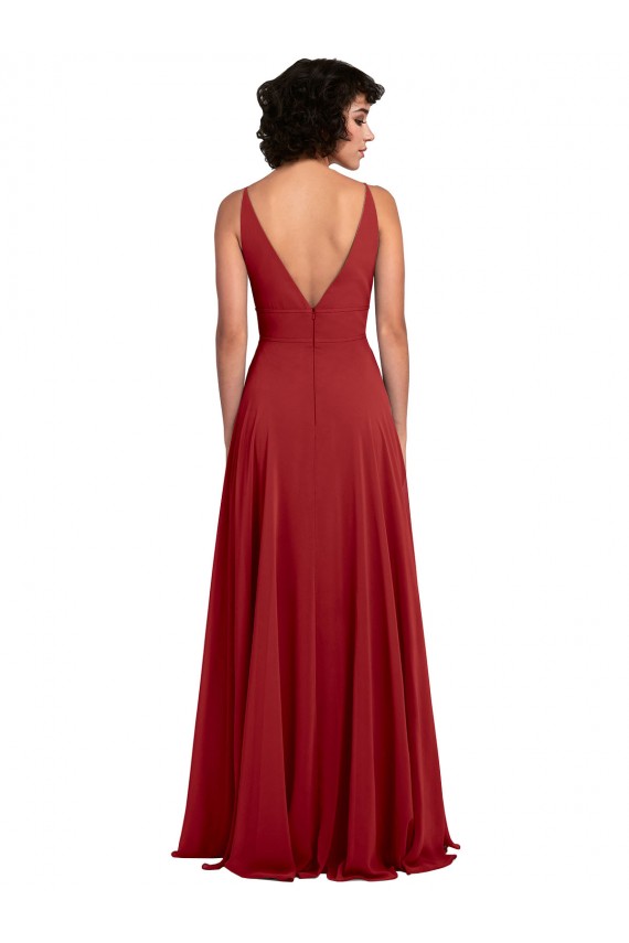 Discount Fitted Plunging Deep V-Neck Long Chiffon Bridesmaid Dress with V-Back UK