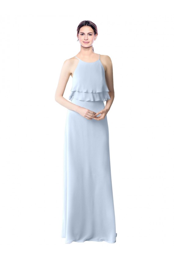 Discount High Narrow Neck Long Chiffon Bridesmaid Dress with Tiered Ruffles UK