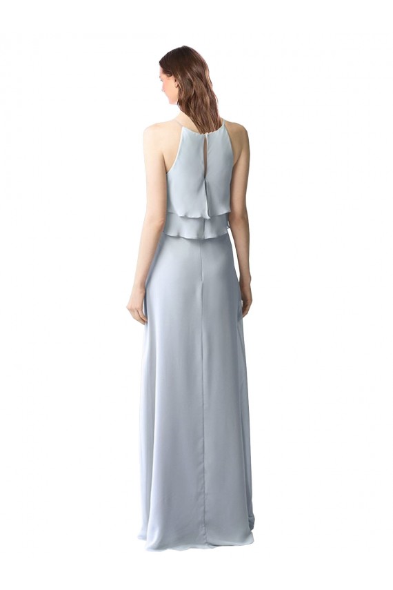 Discount High Narrow Neck Long Chiffon Bridesmaid Dress with Tiered Ruffles UK
