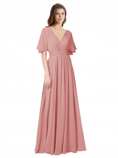 Discount Flutter Sleeves Plunging V-Neck Boho Chiffon Bridesmaid Dress UK