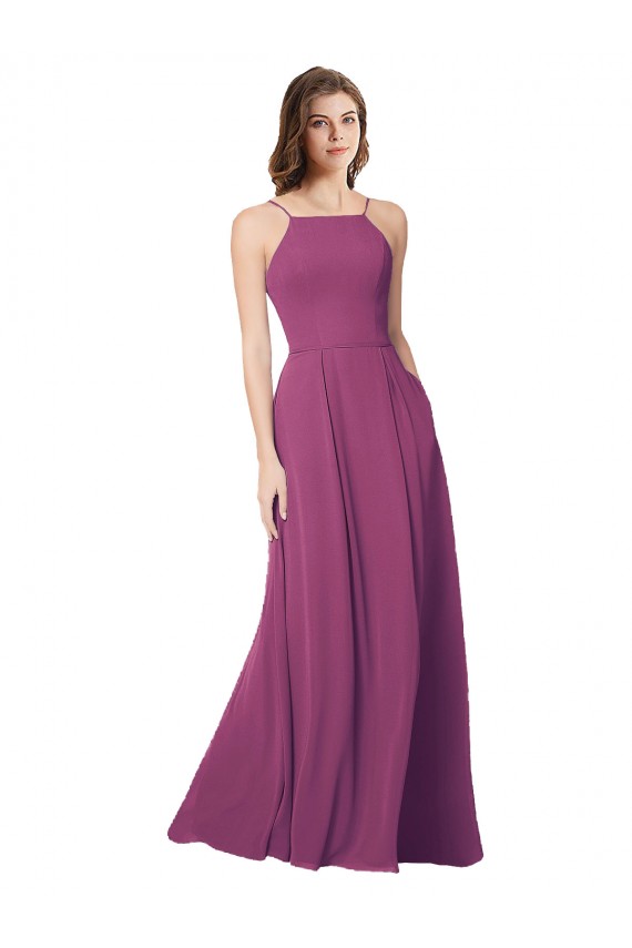 Discount Halter Neck Long Pleated Chiffon Bridesmaid Dress with Pockets UK