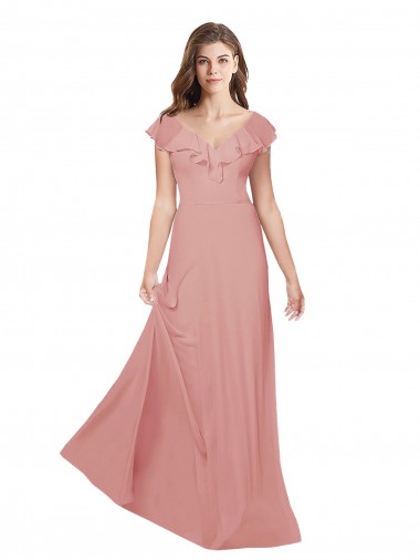 Discount Flounced V Neckline Flutter Sleeves Chiffon Bridesmaid Dress UK