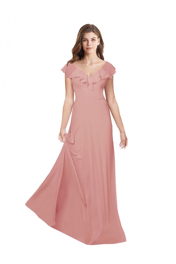 Discount Flounced V Neckline Flutter Sleeves Chiffon Bridesmaid Dress UK