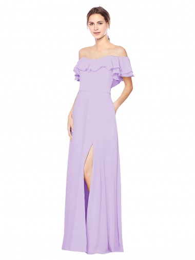 Discount Ruffled Off the Shoulder Long Chiffon Bridesmaid Dress with Slit UK