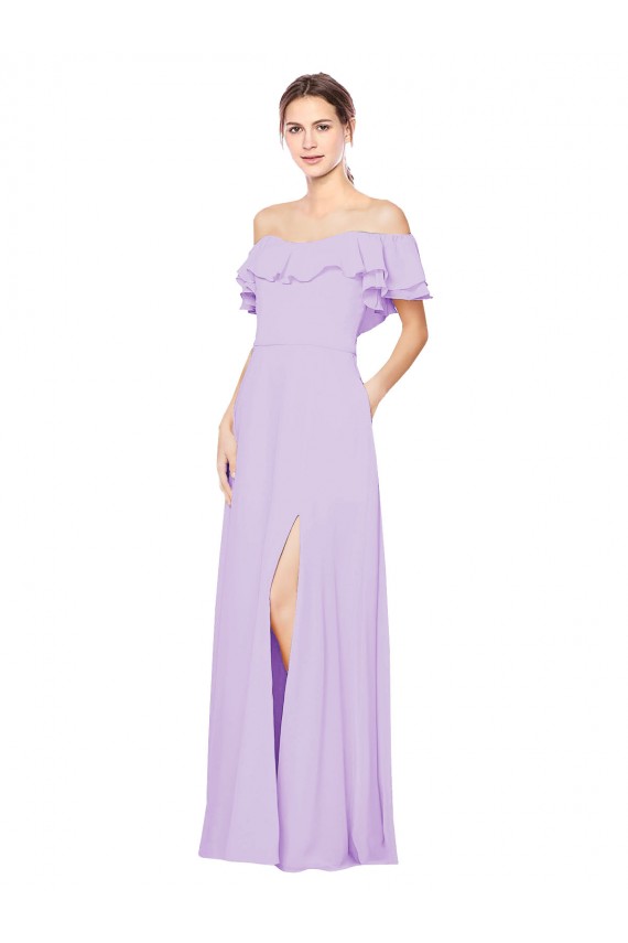 Discount Ruffled Off the Shoulder Long Chiffon Bridesmaid Dress with Slit UK