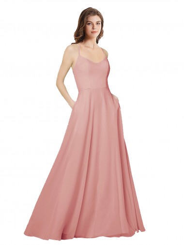 Discount Open Back Wide Tie Band Long Chiffon Bridesmaid Dress with Pockets UK