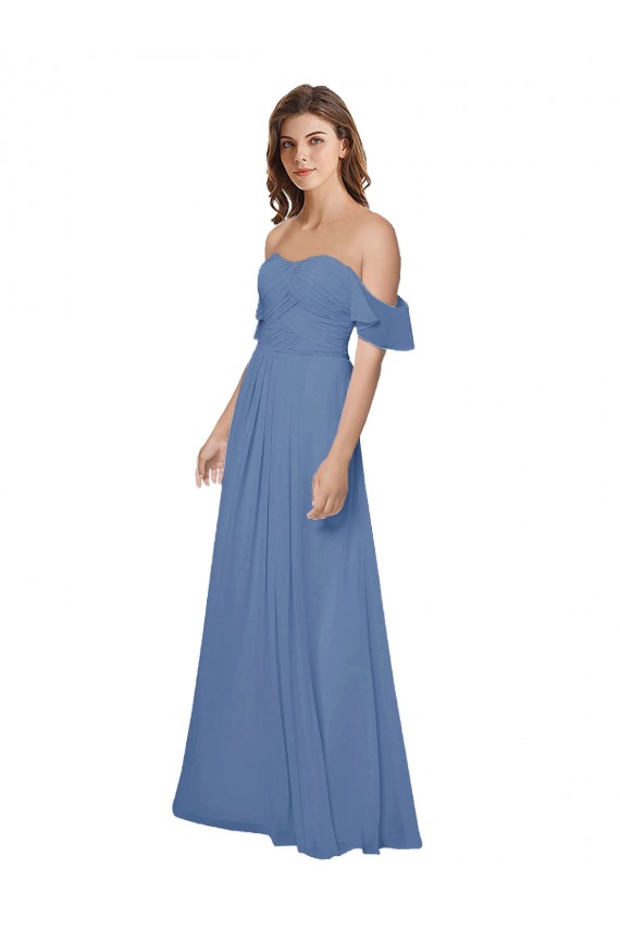 Discount Flutter Sleeves Scoop Neck Off the Shoulder Long Chiffon Bridesmaid Dress UK