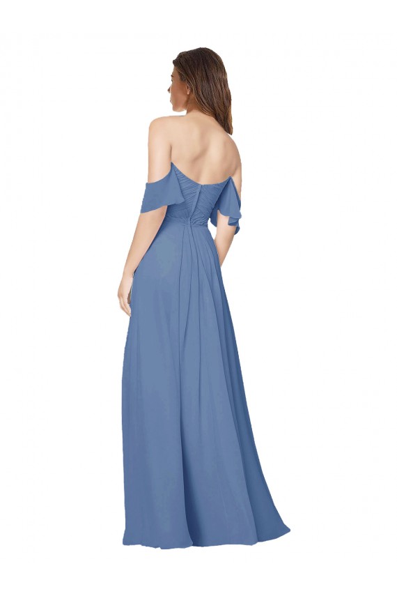 Discount Flutter Sleeves Scoop Neck Off the Shoulder Long Chiffon Bridesmaid Dress UK