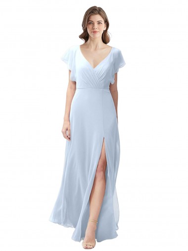 Discount Flutter Sleeves Long Chiffon Bridesmaid Dress with Daring Open Back and Side Slit UK
