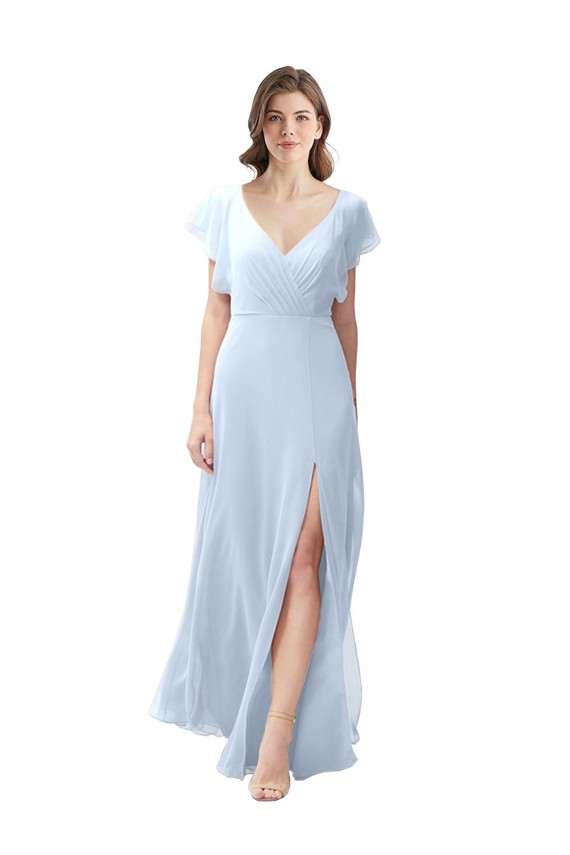 Discount Flutter Sleeves Long Chiffon Bridesmaid Dress with Daring Open Back and Side Slit UK