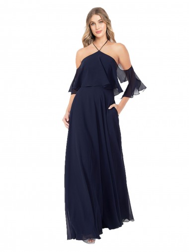 Discount Halter Neck Cold Shoulder Flutter Sleeves Bridesmaid Dress UK