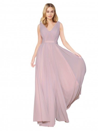 Discount Draped V-Neck Long Chiffon Bridesmaid Dress / Formal Prom Dress with Shirred Bodice UK