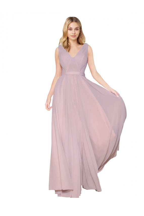 Discount Draped V-Neck Long Chiffon Bridesmaid Dress / Formal Prom Dress with Shirred Bodice UK