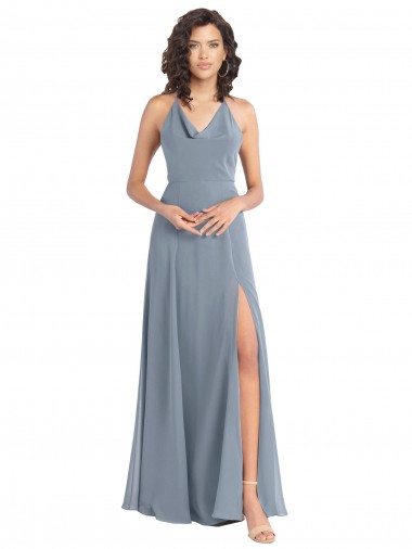Discount Slim A-Line Cowl Neck Long Chiffon Bridesmaid Dress with Side High Slit UK