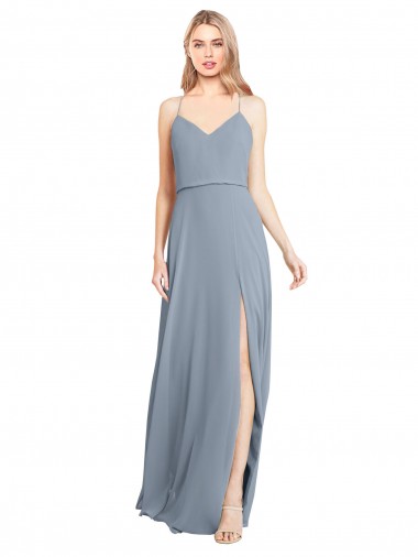 Discount Spaghetti Straps V-Neckline Long Chiffon Bridesmaid Dress with High Slit UK