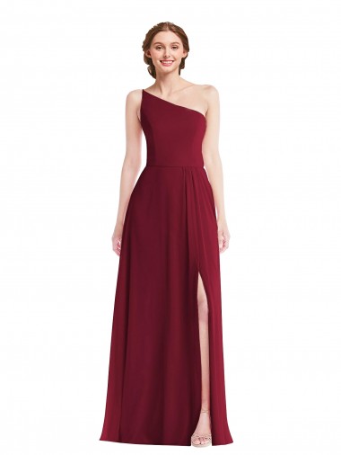 Discount One Shoulder Chiffon Maxi Bridesmaid Dress with Shirred Front Slit UK