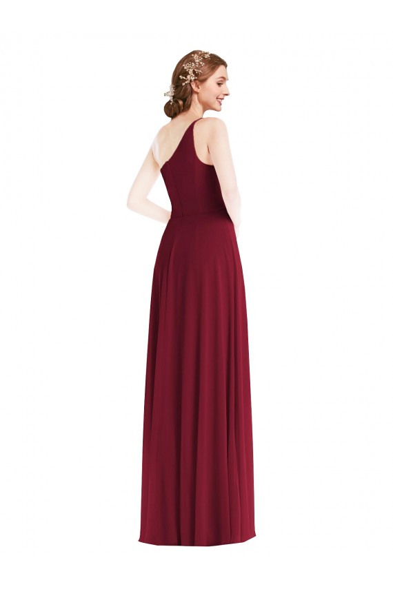Discount One Shoulder Chiffon Maxi Bridesmaid Dress with Shirred Front Slit UK