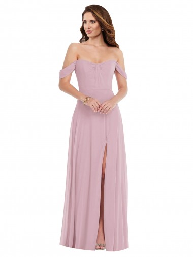 Discount Off the Shoulder Draped Sleeve Maxi Bridesmaid Dress with Front Slit UK