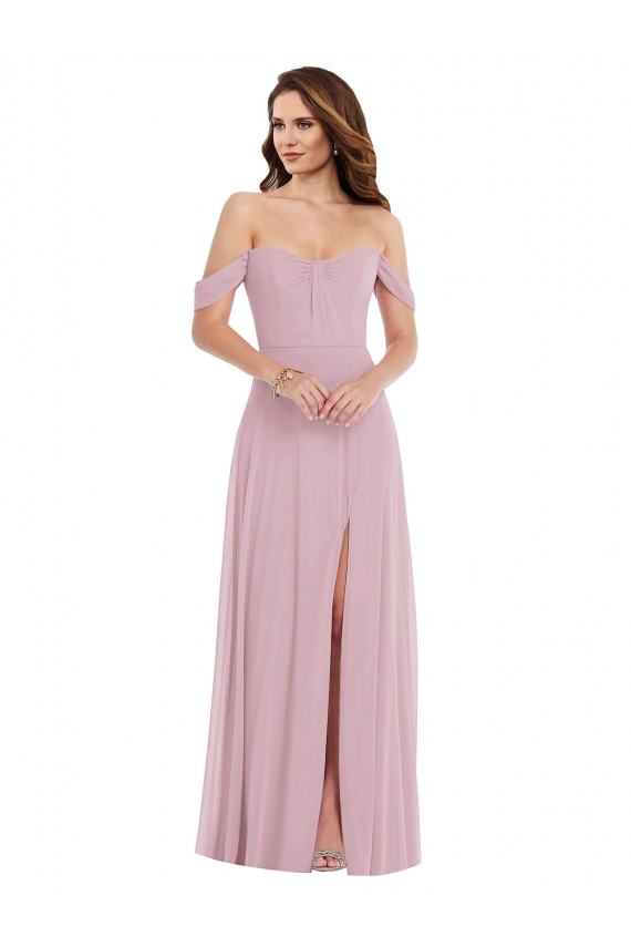 Discount Off the Shoulder Draped Sleeve Maxi Bridesmaid Dress with Front Slit UK