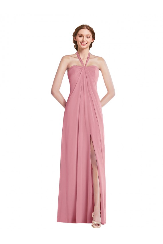 Discount Draped Chiffon Grecian Column Bridesmaid Dress with Front Slit UK