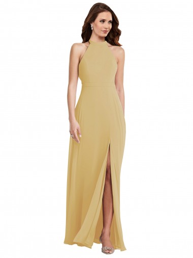 Discount Stand Collar Halter Maxi Bridesmaid Dress with Criss Cross Open Back UK