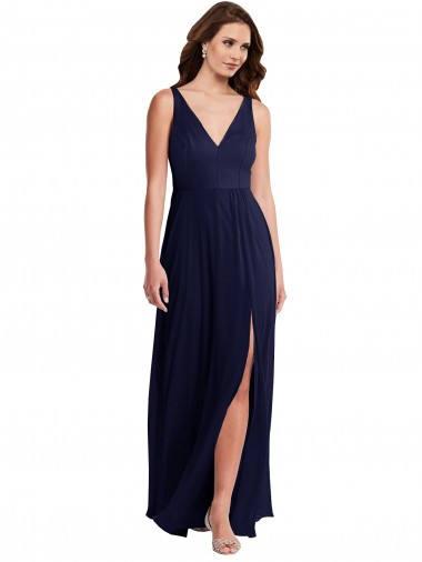 Discount Deep V-Neck Chiffon Maxi Bridesmaid Dress with Front Slit UK