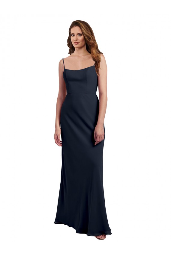 Discount Scoop Neck Long Chiffon Open Back Bridesmaid Dress with Spaghetti Straps UK