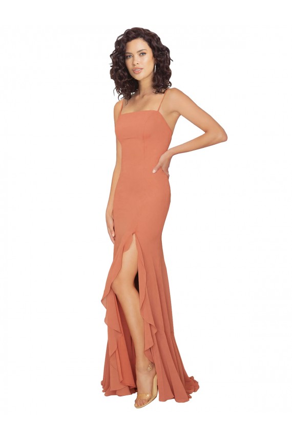Discount Chiffon Square Neck Bridesmaid Dress with Ruffled Skirt Slit UK