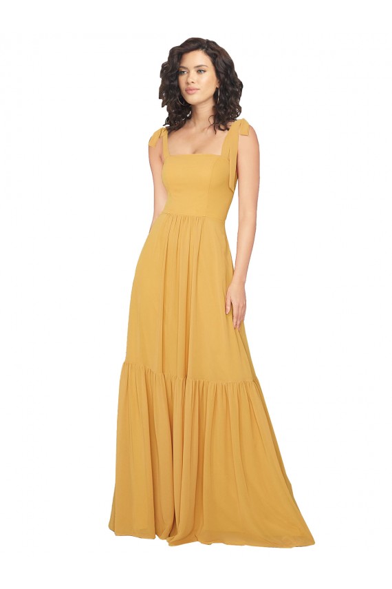 Discount Tied Strap Square Neck Long Chiffon Bridesmaid Dress UK
