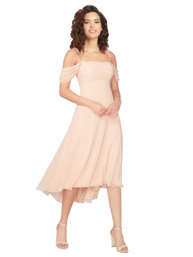 Discount Cold Shoulder Midi Length Short Chiffon Bridesmaid Dress UK
