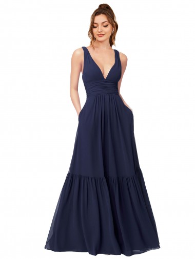 Discount Floor Length Deep V-Neck Ruched Chiffon Long Bridesmaid Dress UK
